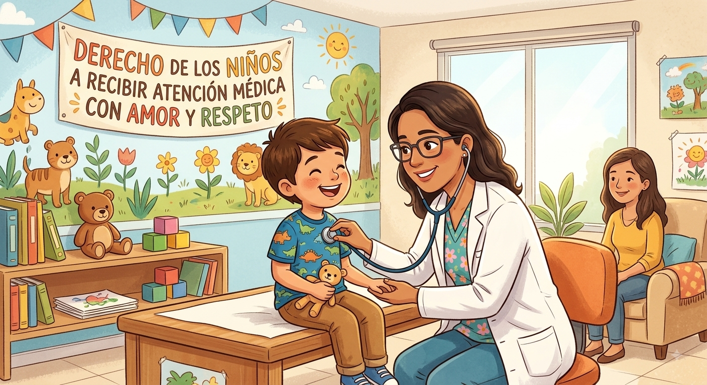 Ilustración sobre el derecho de los niños a recibir atención médica con amor y respeto