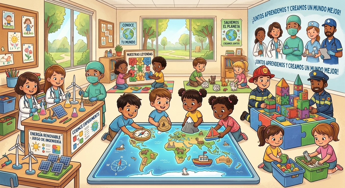 Personajes animados infantiles participando en juegos educativos