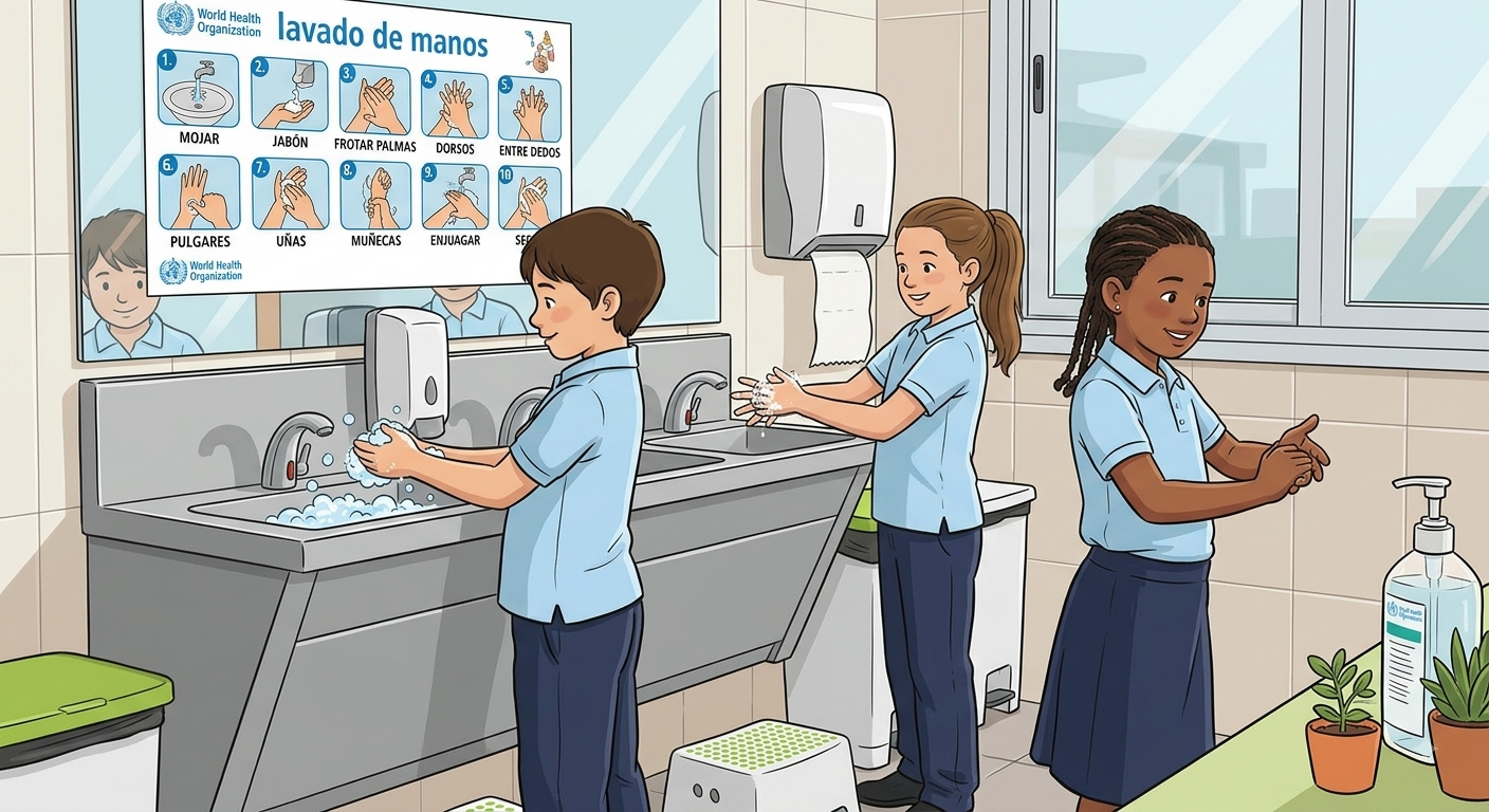 Niños lavándose las manos adecuadamente en el lavamanos