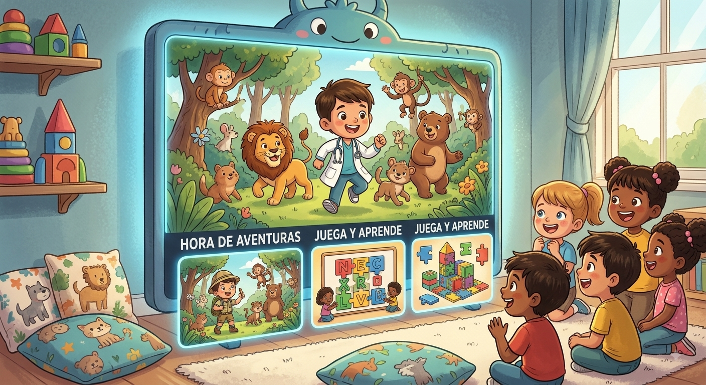 Ilustración de pantalla reproduciendo contenido animado para niños